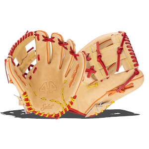Corner view of a '44 Pro Select Series Firebird' baseball glove, showing tan leather with red and yellow lacing and "Select" text.