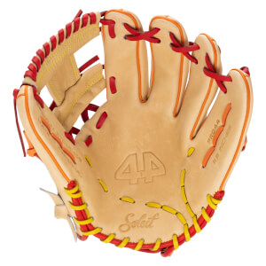 Top-down view of a tan baseball glove with red and orange lacing, featuring "44", "Select", "PRO44", and "11.5 INCHES" text.