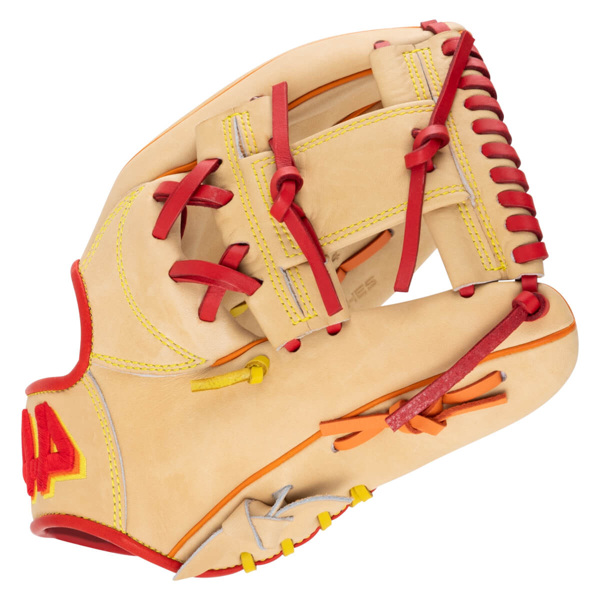 Front view of a tan baseball glove with red laces, yellow stitching, and "44" embroidered in red and yellow.