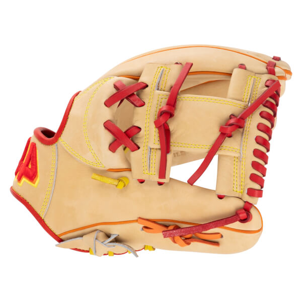 Side view of a tan baseball glove with red lacing, yellow stitching, and a red "44" graphic.