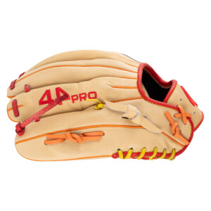 Close-up of a tan baseball glove's palm, showing red "44 PRO" lettering, orange lacing, and yellow stitching.
