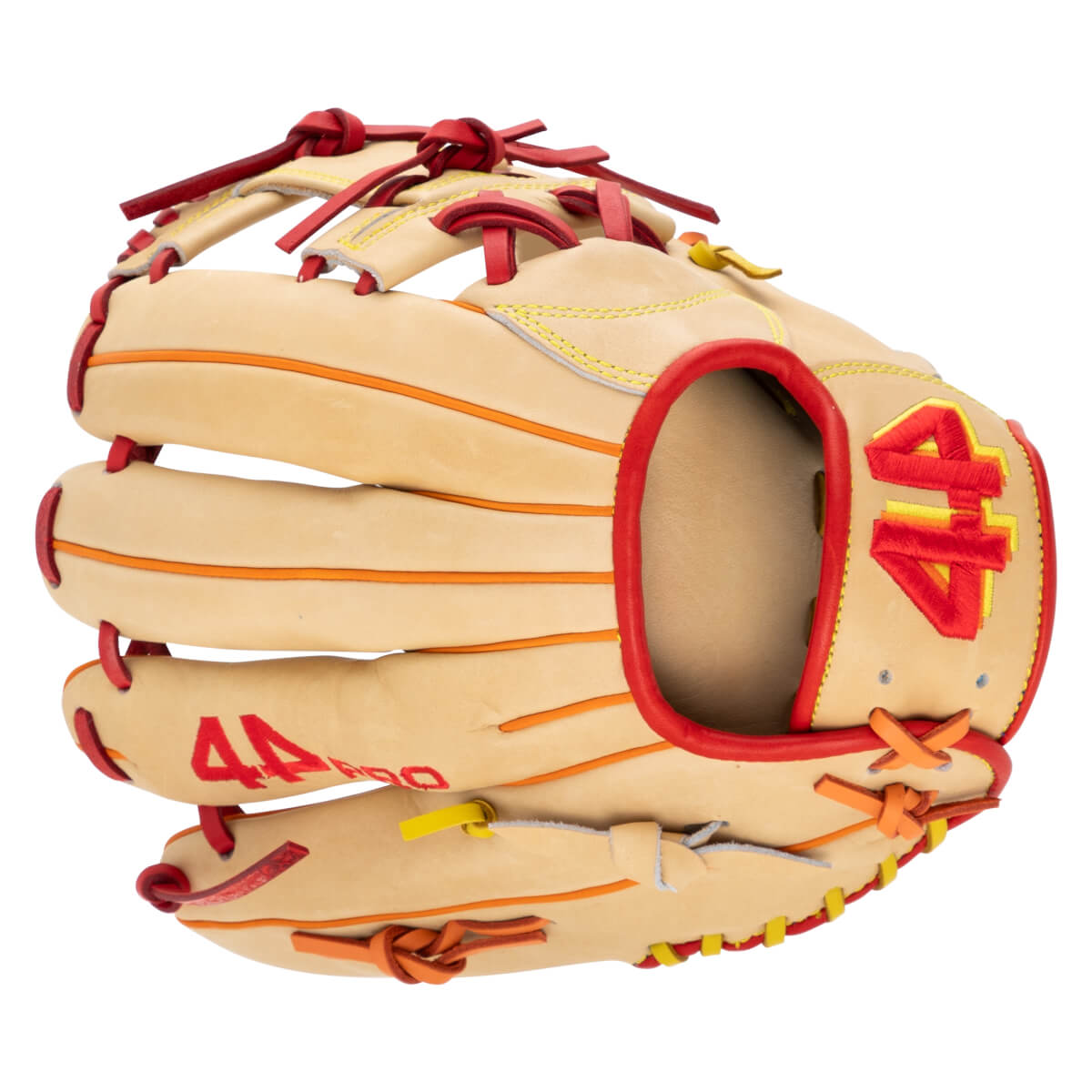 Front view of a tan baseball glove with red and orange accents, featuring "44" logos.