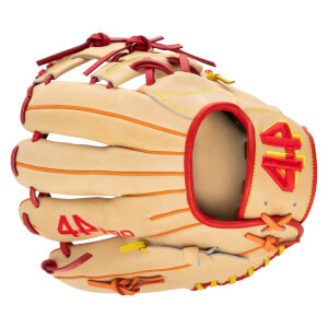Front view of a tan baseball glove with red and orange accents, featuring "44" logos.