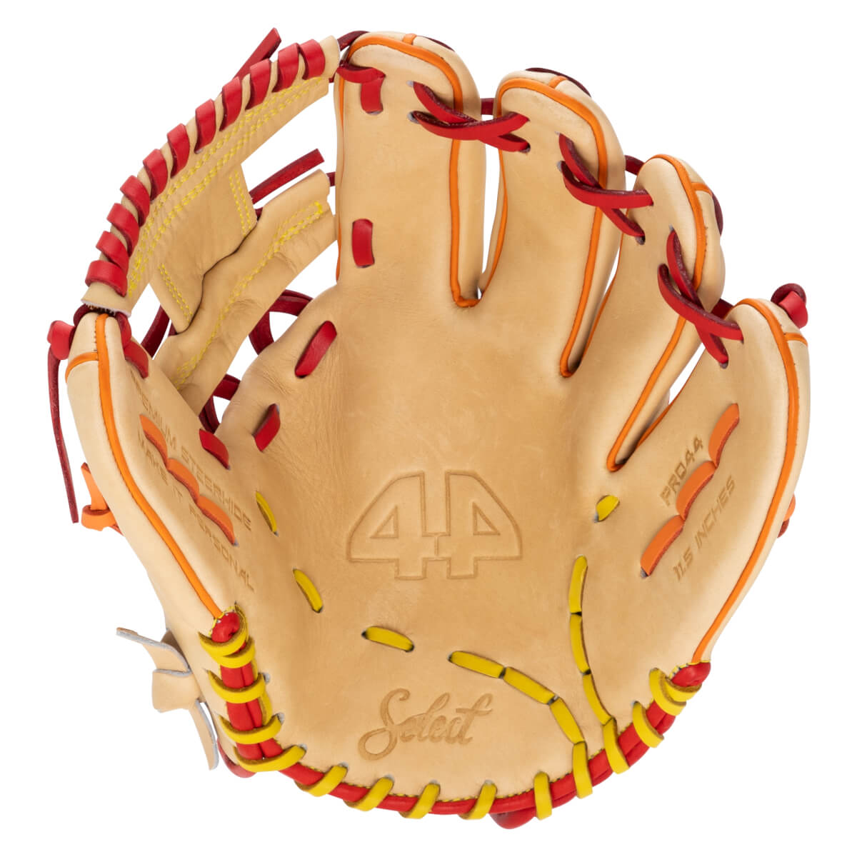 Front view of a tan baseball glove with red and yellow stitching, featuring "44", "Select", and "PRO44 11.5 INCHES" text.