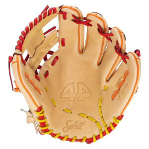 Front view of a tan baseball glove with red and yellow stitching, featuring "44", "Select", and "PRO44 11.5 INCHES" text.
