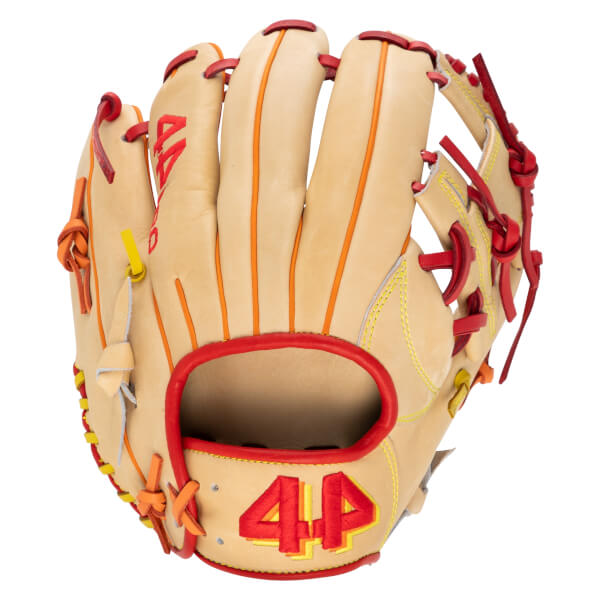 Front view of a tan baseball glove with red lacing, orange piping, and embroidered red "44" on the palm.