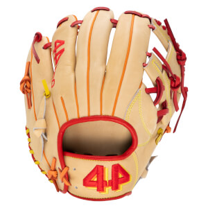 Front view of a tan baseball glove with red lacing, orange piping, and embroidered red "44" on the palm.