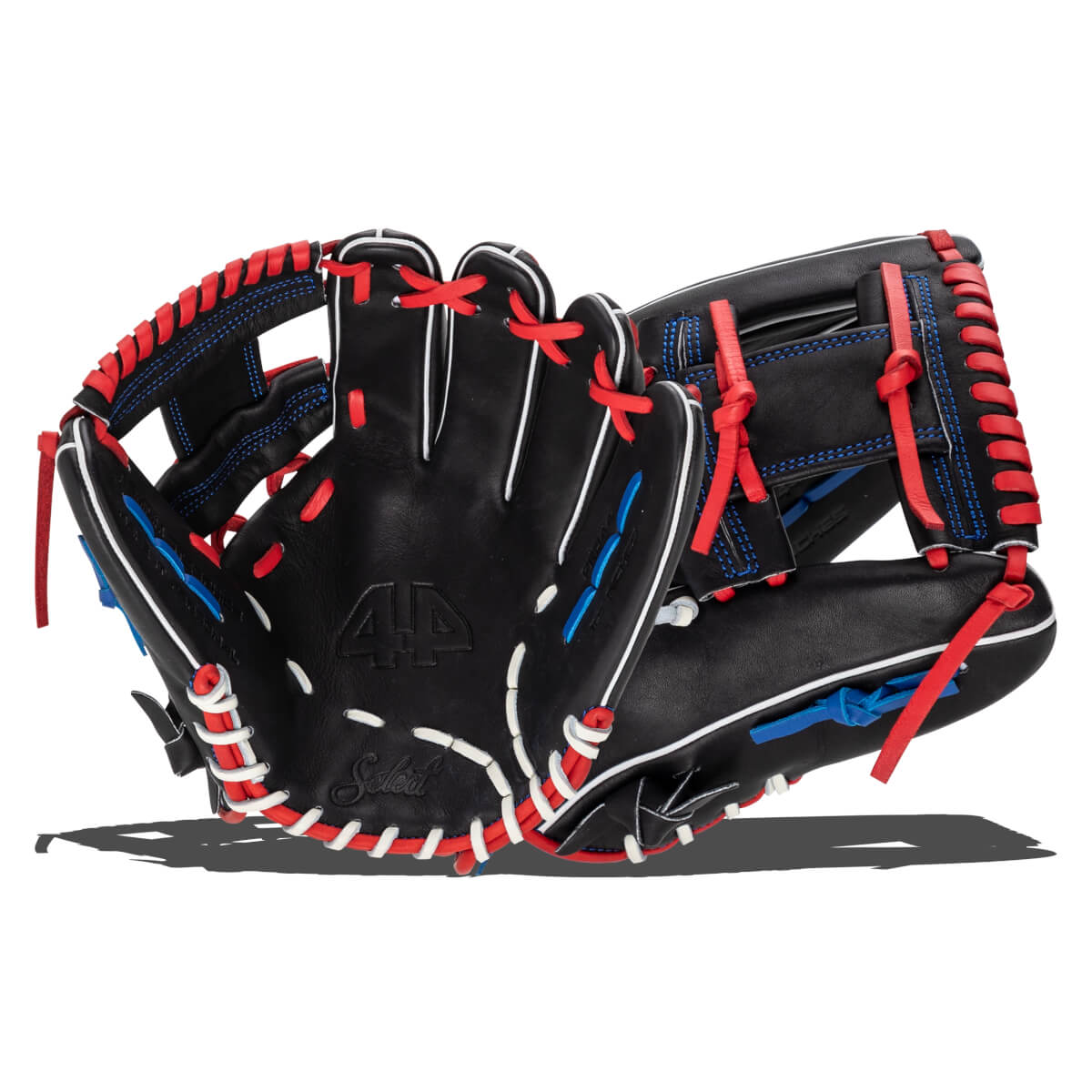 Front view of a black baseball glove with red and blue lacing, showing the "44" logo and "Select" text.