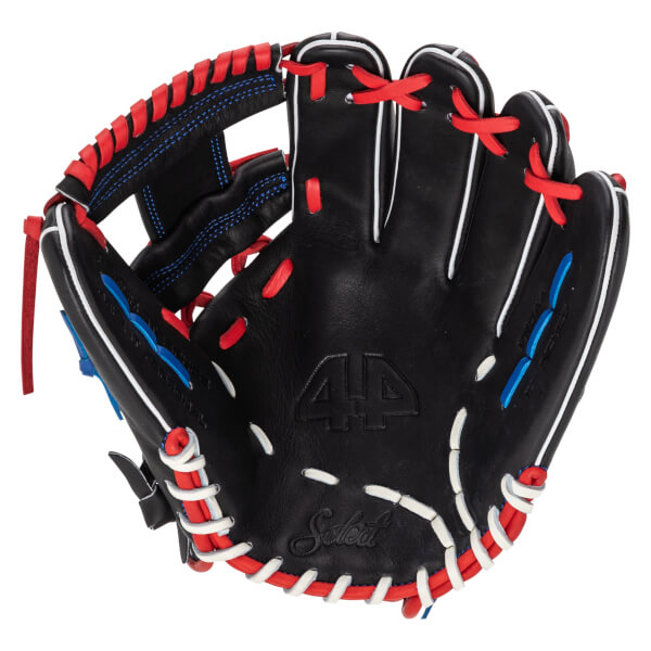 Front view of a black baseball glove with red and white lacing, blue accents, and "44" and "Select" branding.
