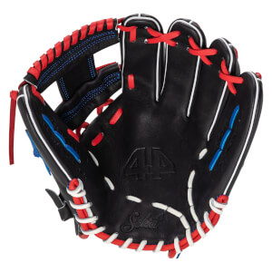 Front view of a black baseball glove with red and white lacing, blue accents, and "44" and "Select" branding.