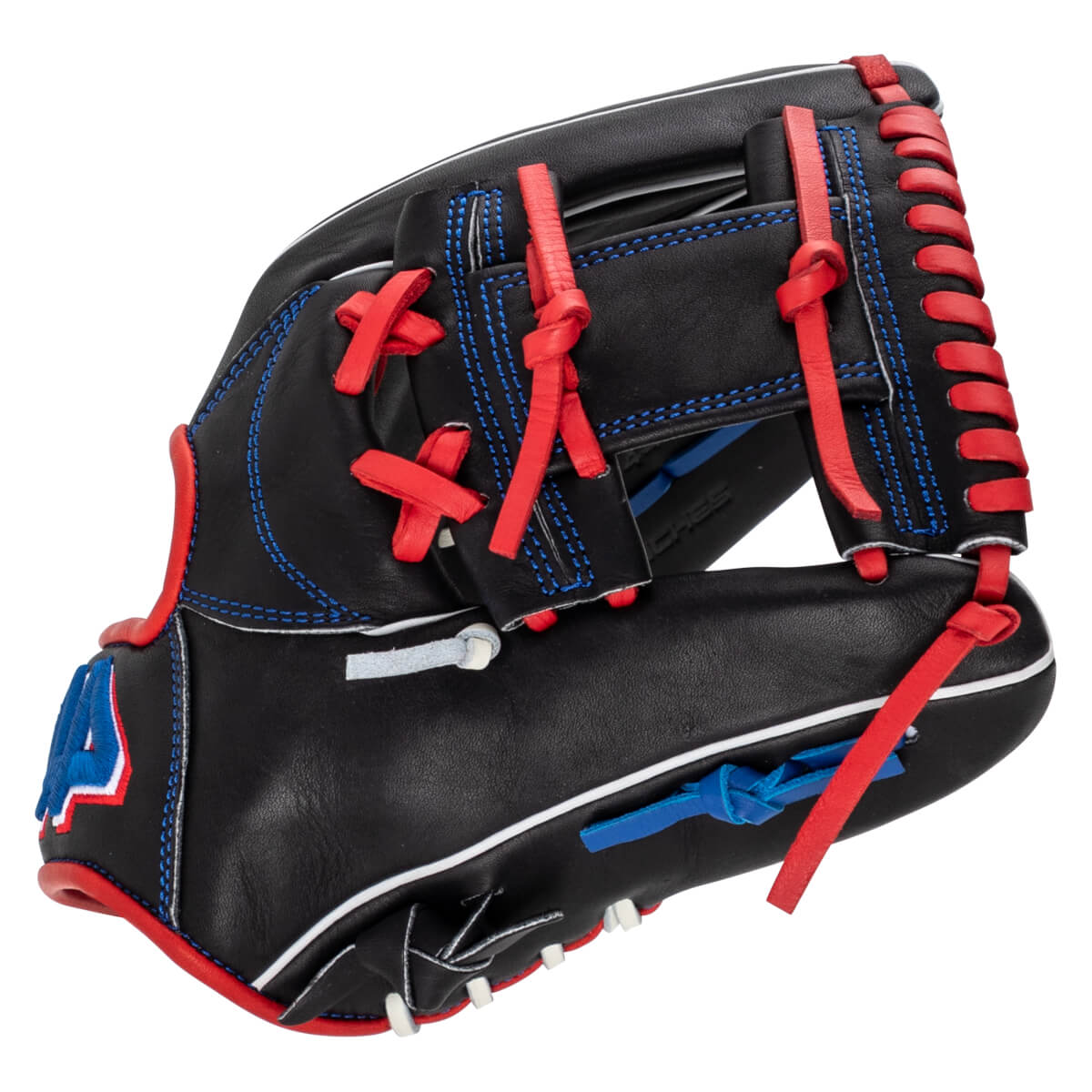 Corner view of a black baseball glove featuring red and blue lacing, white trim, and a blue 'A' logo.