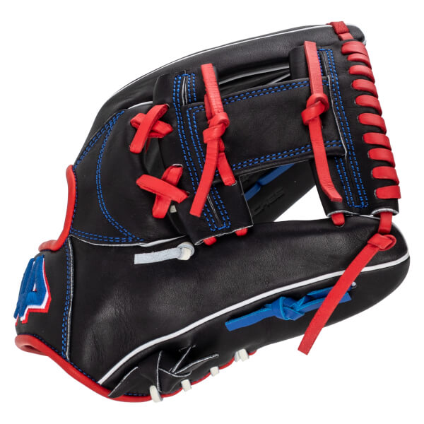 Corner view of a black baseball glove featuring red and blue lacing, white trim, and a blue 'A' logo.
