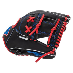 Side view of black baseball glove with red lacing, blue stitching, and white piping, showing "44" logo.