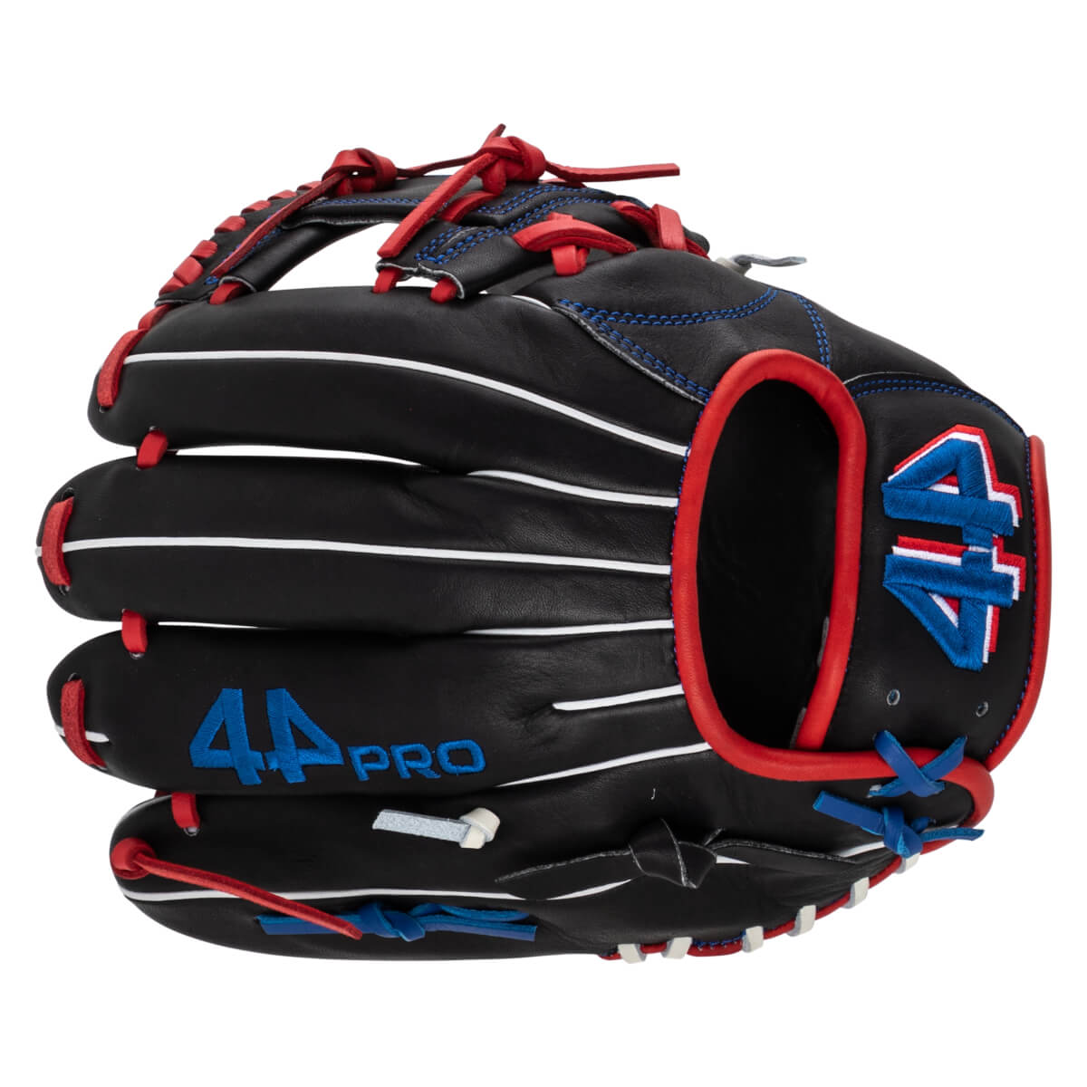 Front view of a black baseball glove with red and blue stitching, featuring the "44 PRO" text and a "44" logo.