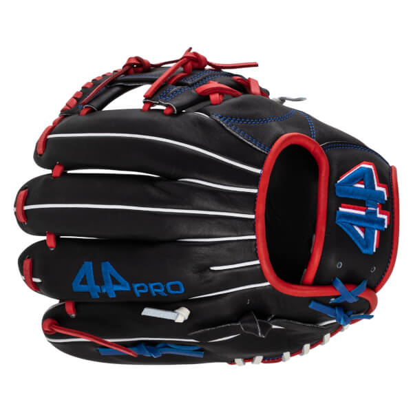 Front view of a black baseball glove with red and blue stitching, featuring the "44 PRO" text and a "44" logo.
