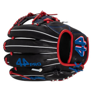 Front view of a black baseball glove with red and blue stitching, featuring the "44 PRO" text and a "44" logo.