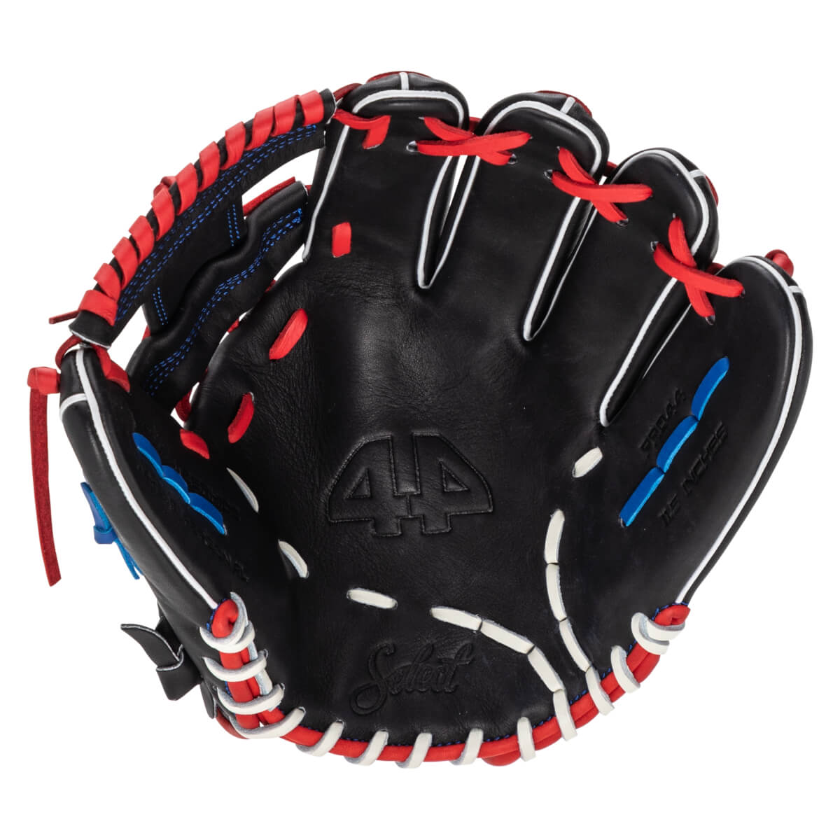 Interior view of a black baseball glove with red, white, and blue stitching, and "Select" text.