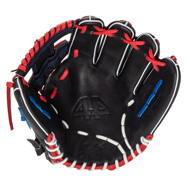 Interior view of a black baseball glove with red, white, and blue stitching, and "Select" text.