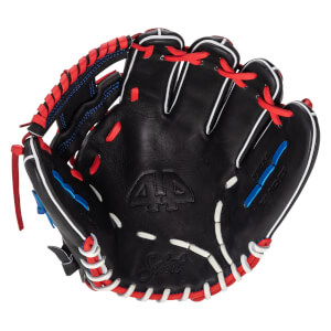 Interior view of a black baseball glove with red, white, and blue stitching, and "Select" text.