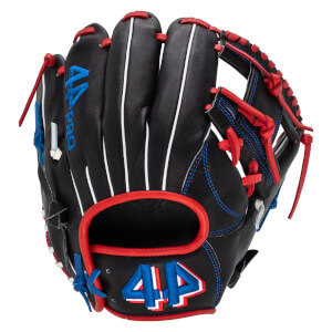Front view of a black baseball glove with red and blue accents and "44 PRO" visible.