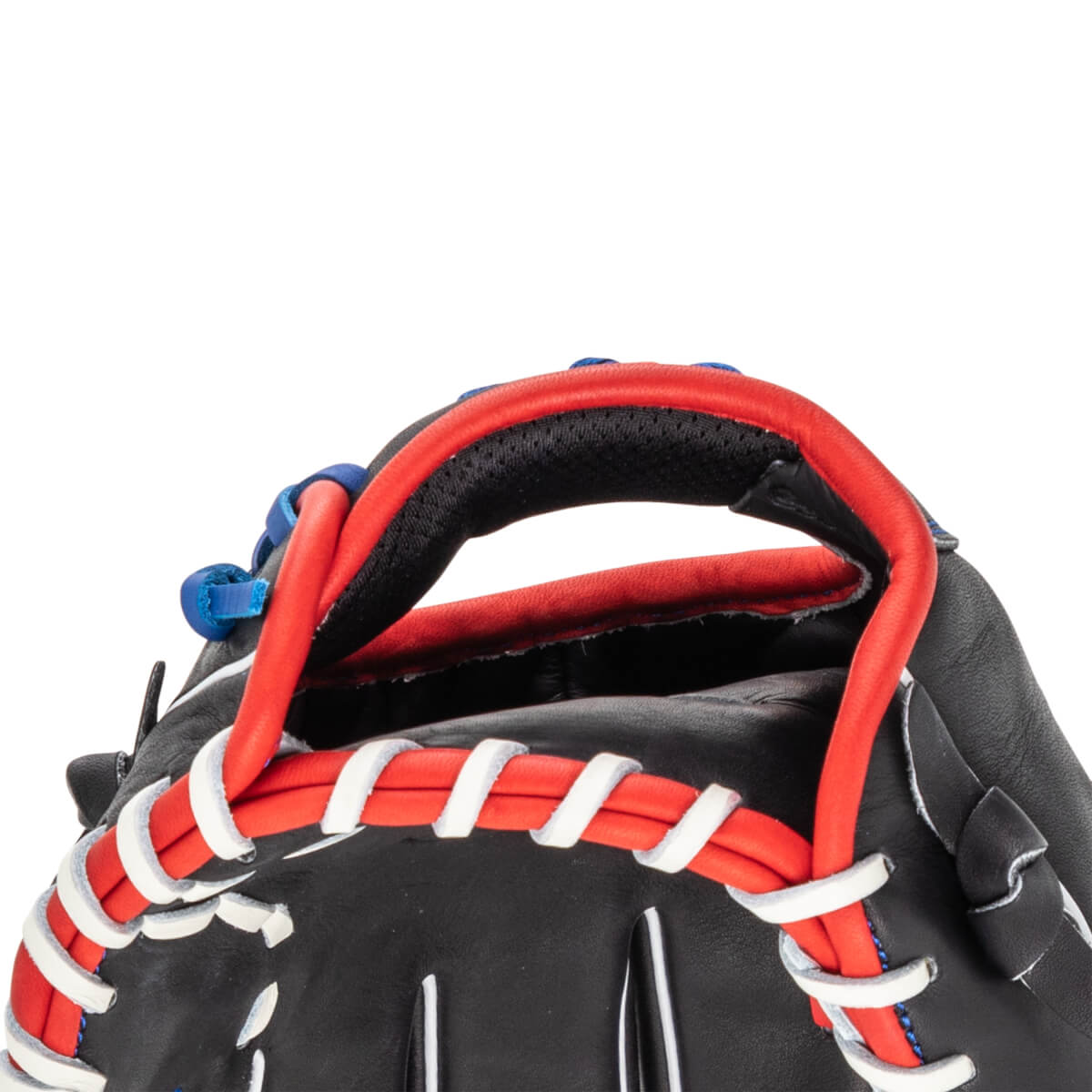 Top-down view shows the black leather baseball glove with red and white lacing and blue accents.