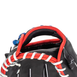 Top-down view shows the black leather baseball glove with red and white lacing and blue accents.
