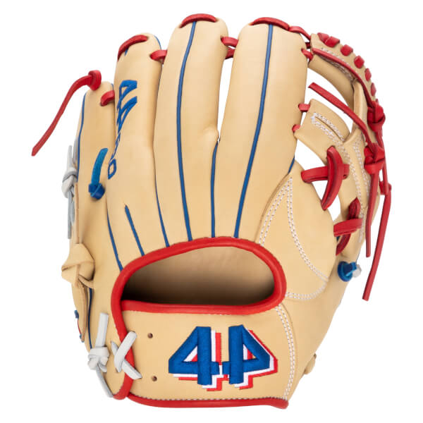 Front view of a tan baseball glove with blue and red lacing, featuring "44" in blue and red on the palm.
