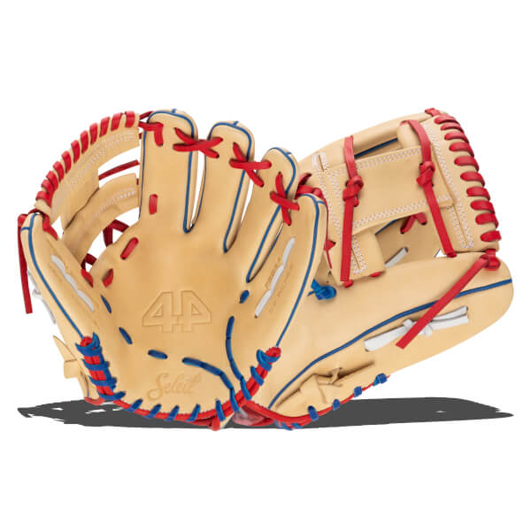 Front view of a tan baseball glove with red and blue lacing, showing the '44' logo and 'Select' text.