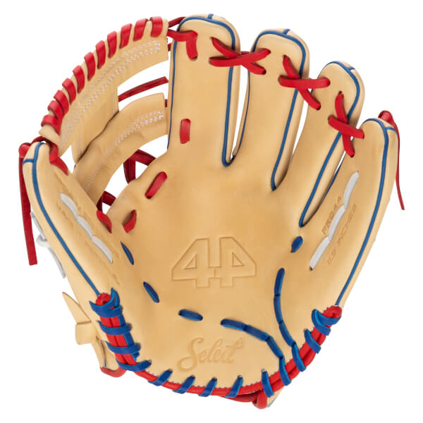 Front view of a tan baseball glove featuring red lacing, blue trim, and "44", "PRO44", and "SELECT" branding.