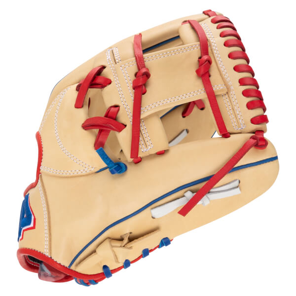 Corner view of a tan baseball glove with red lacing and a blue accent on the palm.
