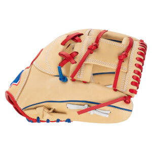 Side view of a tan baseball glove featuring red and blue lacing, and a blue tab.