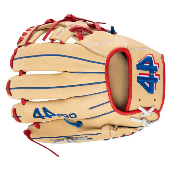 Front view of a tan baseball glove with red and blue accents and "44 PRO" branding.
