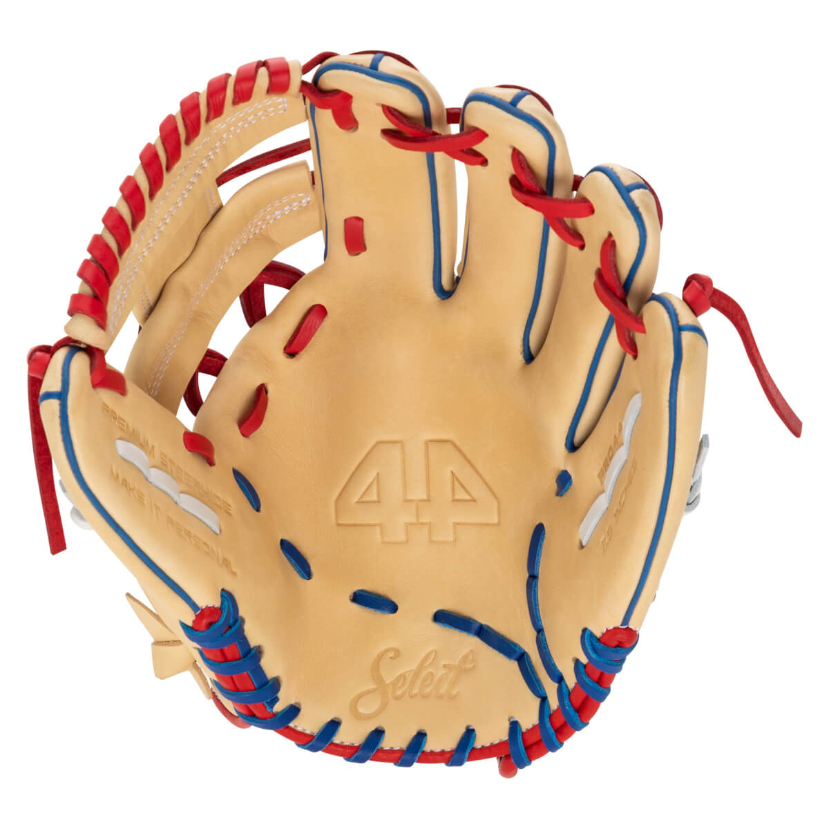 Front view of a tan baseball glove with red and blue lacing, featuring "44" and "Select" logos.