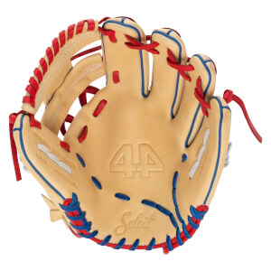 Front view of a tan baseball glove with red and blue lacing, featuring "44" and "Select" logos.
