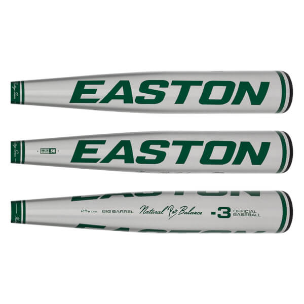 Top-down view of three silver Easton baseball bats with green lettering and Natural Pro Balance text.