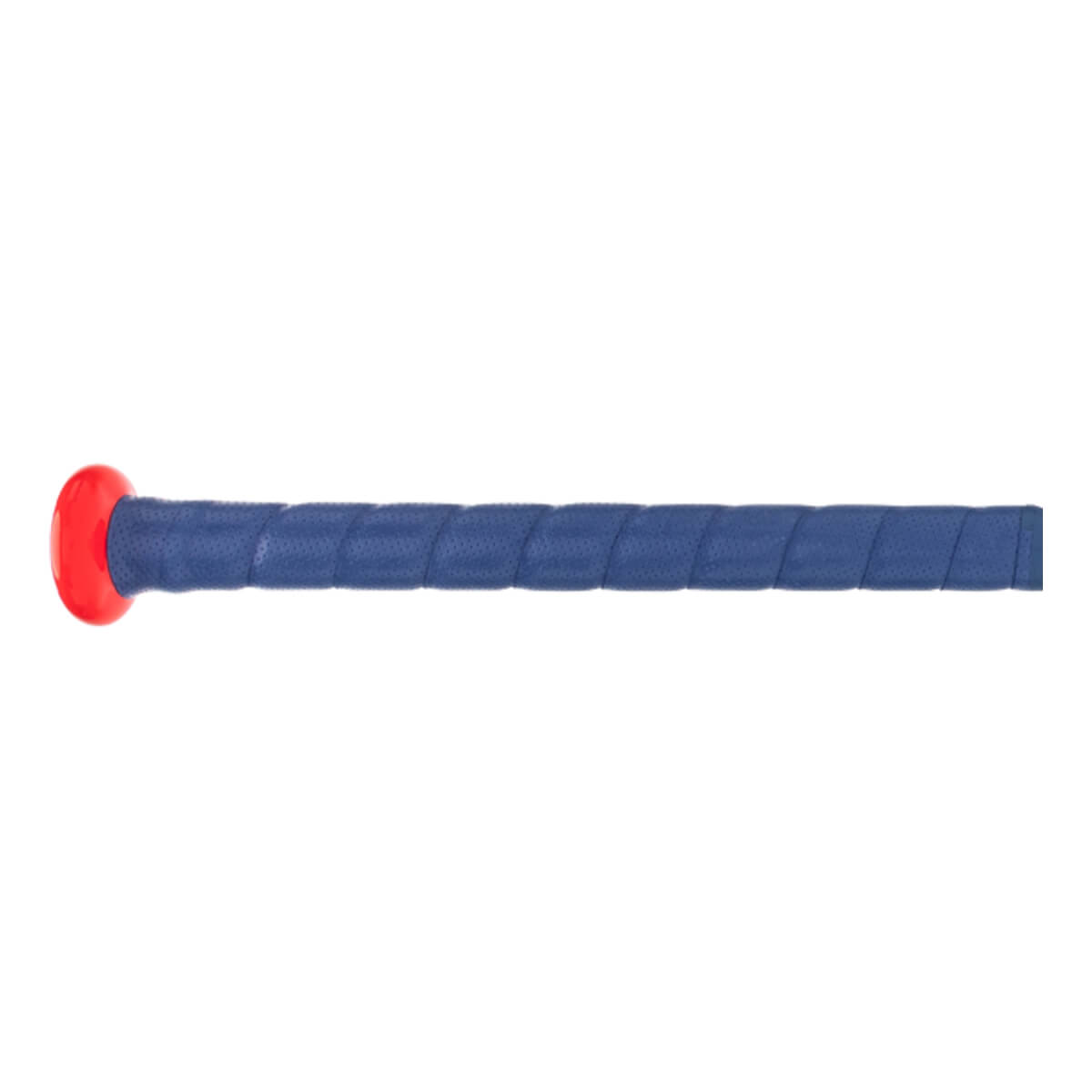 Close-up of a blue baseball bat grip with a red knob and spiral wrap texture.