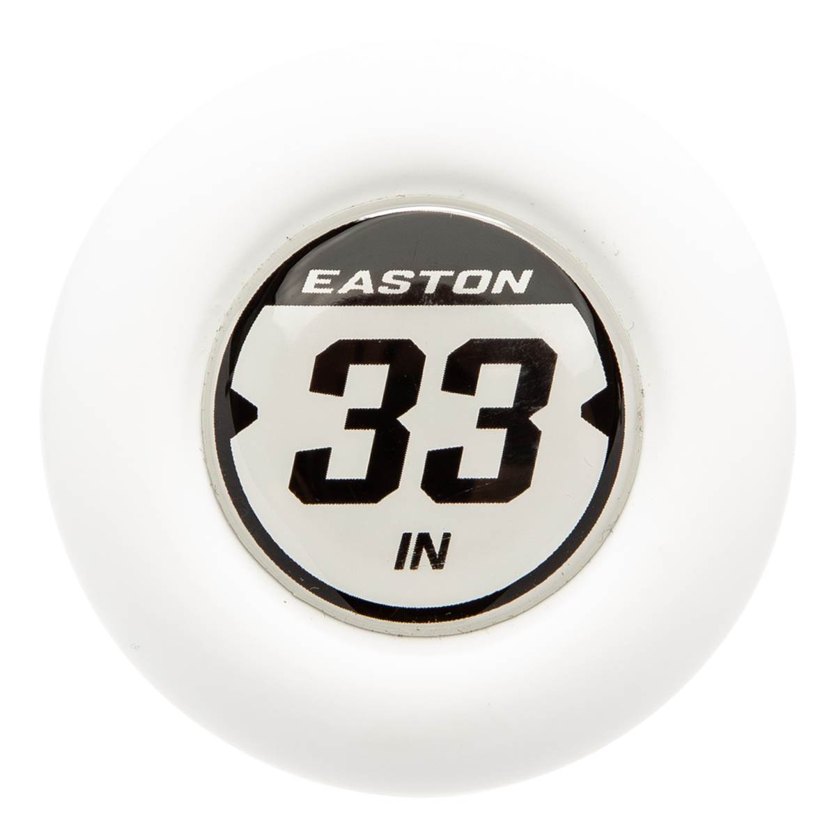 Close-up of a white softball bat end cap with EASTON and 33 IN text.