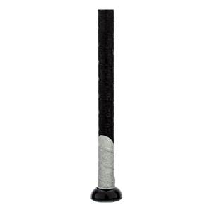 Close-up of a black baseball bat with a textured grip and silver patterned band.
