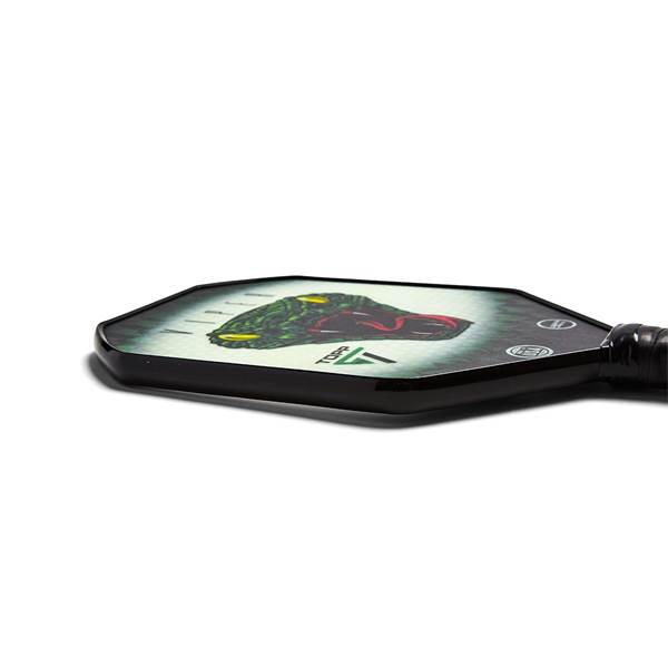Side view of a black pickleball paddle with a green and red snake graphic and TOPP logo.
