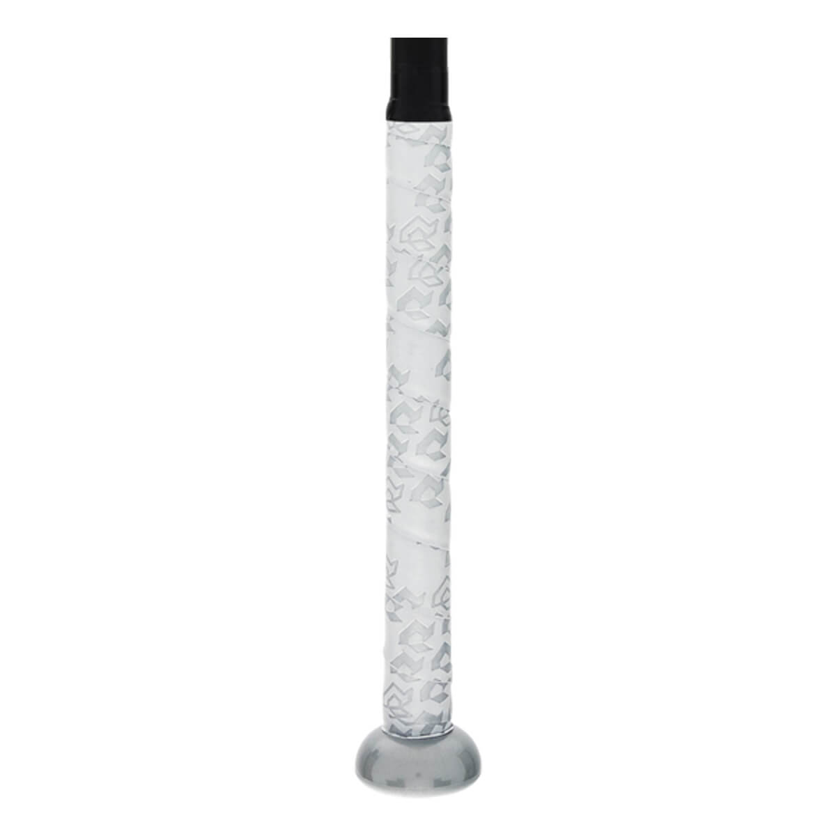 Close-up of a white baseball bat grip with a gray geometric pattern, a black top, and a gray rounded knob.