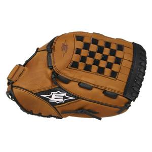 Top-down view of a tan baseball glove with a checkered web and white E logo.