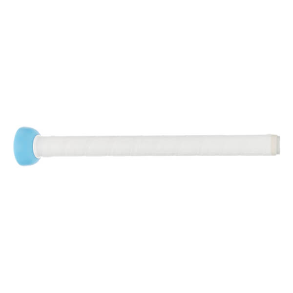 Side view of a white fastpitch softball bat with a light blue knob and a long white wrapped barrel.