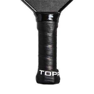 Bottom view of a black pickleball paddle grip with white TOPP branding.