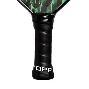 Bottom view of a black pickleball paddle grip with white TOPP branding.