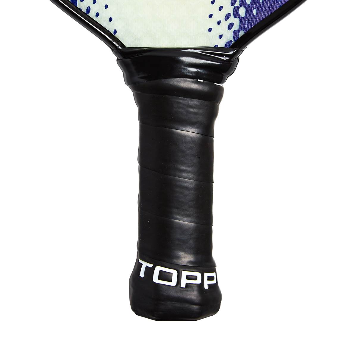 Close-up of a black pickleball paddle grip with white TOPP branding.