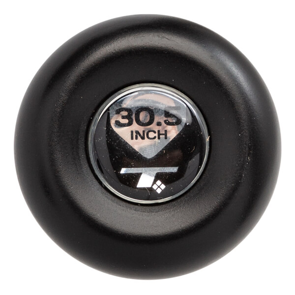 Top-down view of a black baseball bat end cap with 30.5 INCH and a white logo.