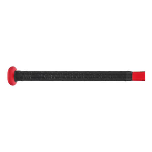 Side view of a black slow pitch softball bat with a red end cap and textured grip.
