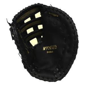 Top-down view of a black first base mitt with gold stitching and M^POWERED branding.