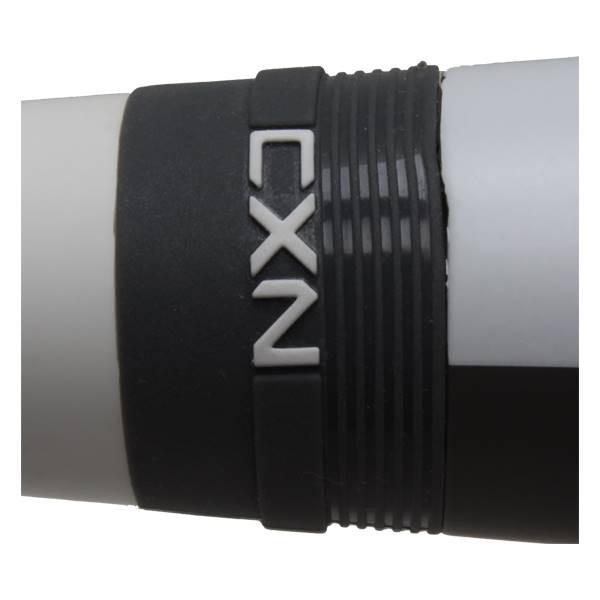 Close-up of a black baseball bat grip with white CXN lettering and ribbed texture.