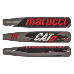 Three views of a gray Marucci CAT9 Composite baseball bat with red and white lettering.